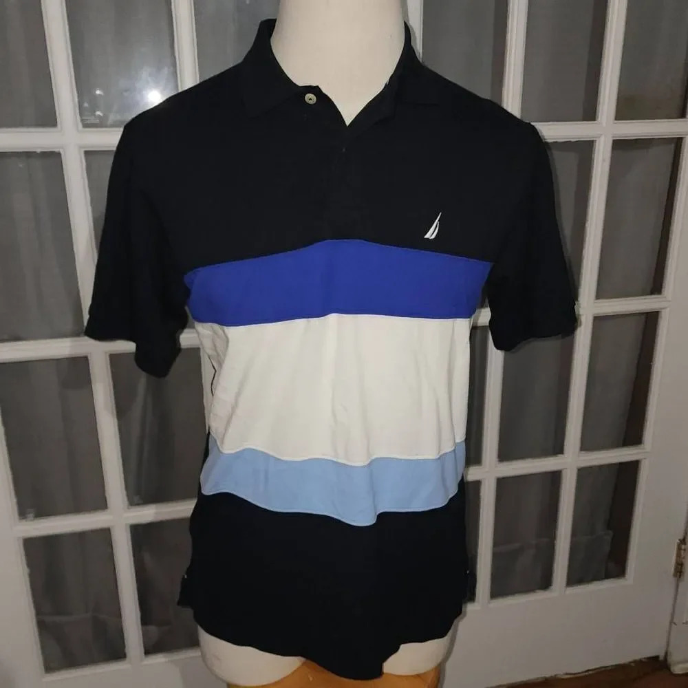 Nautica Mens Blue White Striped Polo Shirt Small